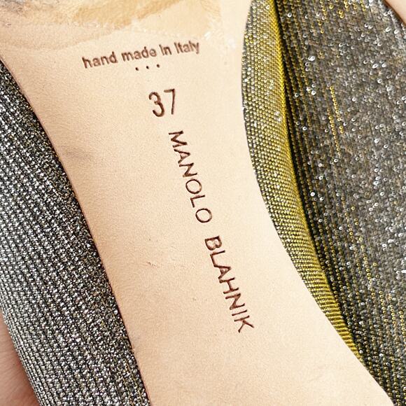 Manolo Blahnik Hangisi Glitter Silver Gold Fabric Crystal Buckle Pumps IT 37 - Picture 11 of 11